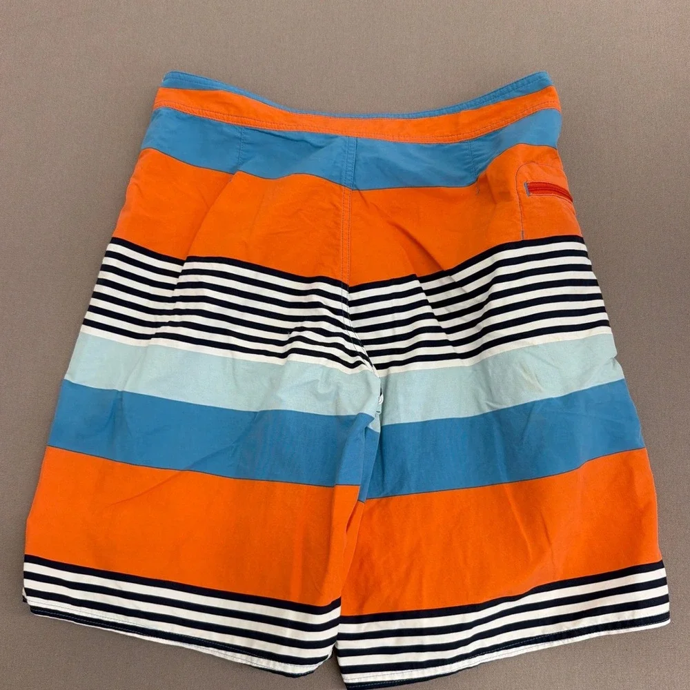 Patagonia Mens 32 Board Shorts Orange Blue Striped Swim Trunks 9 Inseam Nylon
